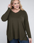 V-Neck Side Slit Hi-Low Hem Top, Various Colors, Zenana (Plus Only)