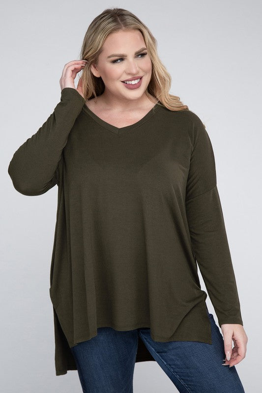 V-Neck Side Slit Hi-Low Hem Top, Various Colors, Zenana (Plus Only)