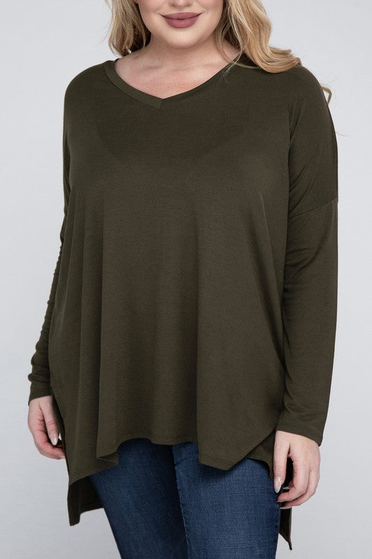 V-Neck Side Slit Hi-Low Hem Top, Various Colors, Zenana (Plus Only)