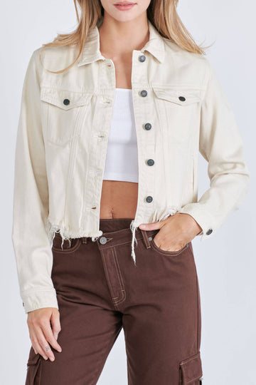 Hidden Jeans - Cream Colored Cropped Frayed Fitted Jacket