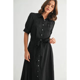 FUN2FUN - SATIN PLEATS DETAIL TIE WAIST SHIRT DRESS
