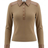 Current Air - Ribbed Knit Faux Leather Polo Top