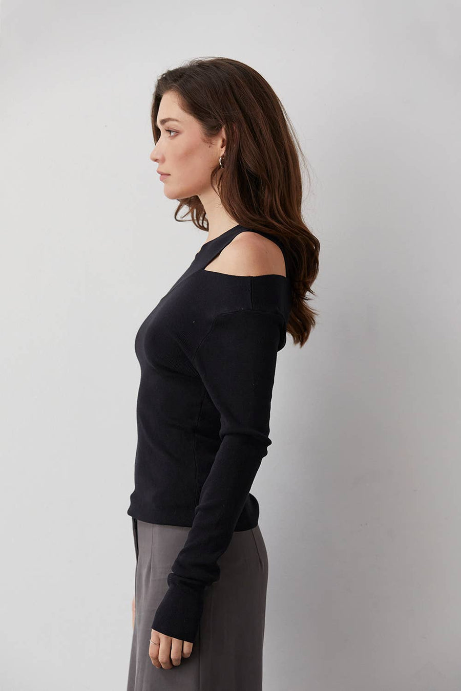 Crescent, Ingrid One Shoulder Rib Top (Black)