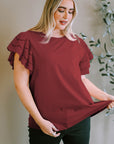 Plus Size Eyelet Round Neck Short Sleeve Blouse