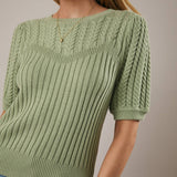Sunday Edition by LE LIS - ROUND NECK PUFF SHORT SLEEVE CABLE SWEATER