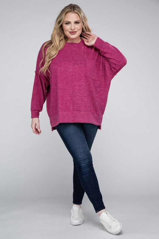 Brushed Melange Drop Shoulder Sweater, Various Colors, Zenana (Plus only)