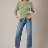 Sunday Edition by LE LIS - ROUND NECK PUFF SHORT SLEEVE CABLE SWEATER