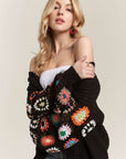 ADORA Contrast Crochet Open Front Long Sleeve Cardigan