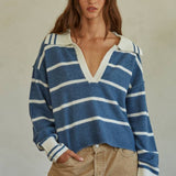 By Together -Knit Sweater Striped Collar V-Neck Long Sleeve Top