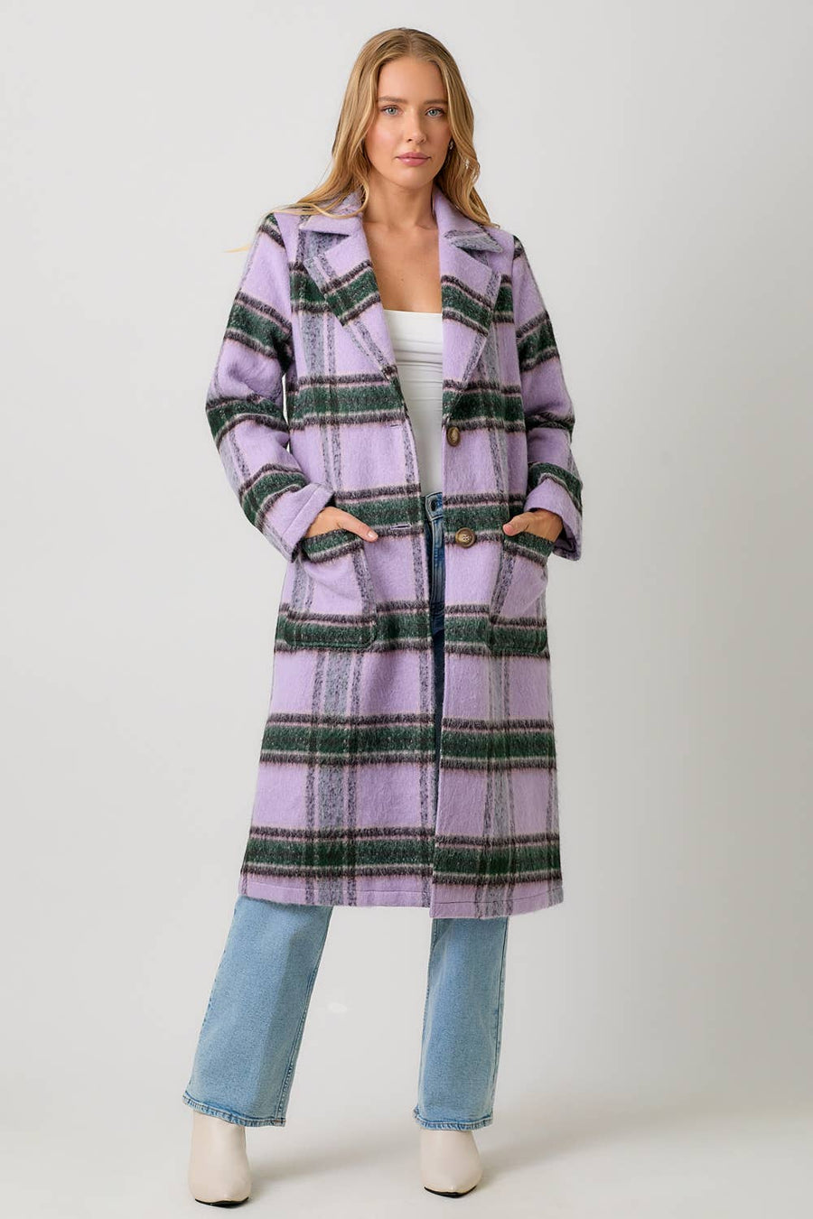 Mystree Fuzzy Plaid Long Coat