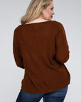 Brushed Waffle V-Neck Button Detail Sweater (Various colors), Zenana, Plus Only