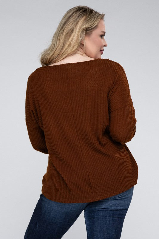 Brushed Waffle V-Neck Button Detail Sweater (Various colors), Zenana, Plus Only