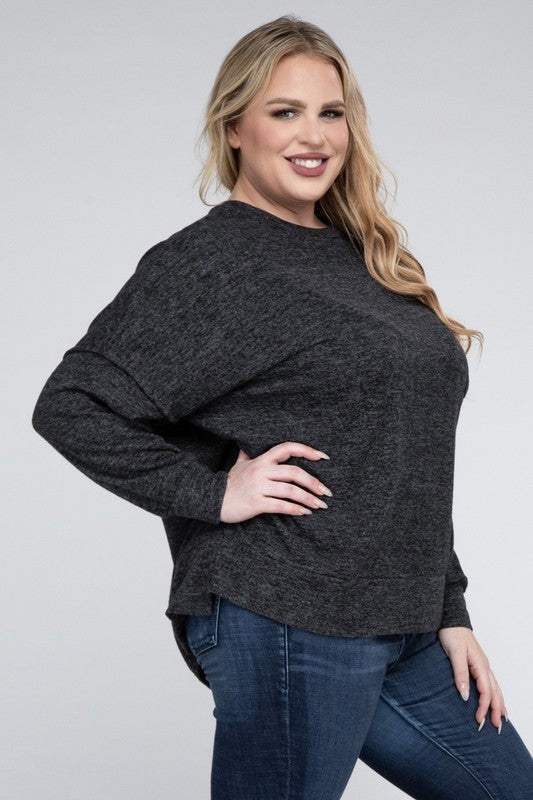 Brushed Melange Drop Shoulder Sweater, Various Colors, Zenana (Plus only)