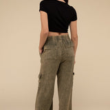 Washed Linen Elastic Band Waist Cargo Pants, Zenana (various colors)