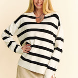 Davi & Dani High-Low Side Slit Striped Johnny Collar Sweater