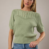 Sunday Edition by LE LIS - ROUND NECK PUFF SHORT SLEEVE CABLE SWEATER