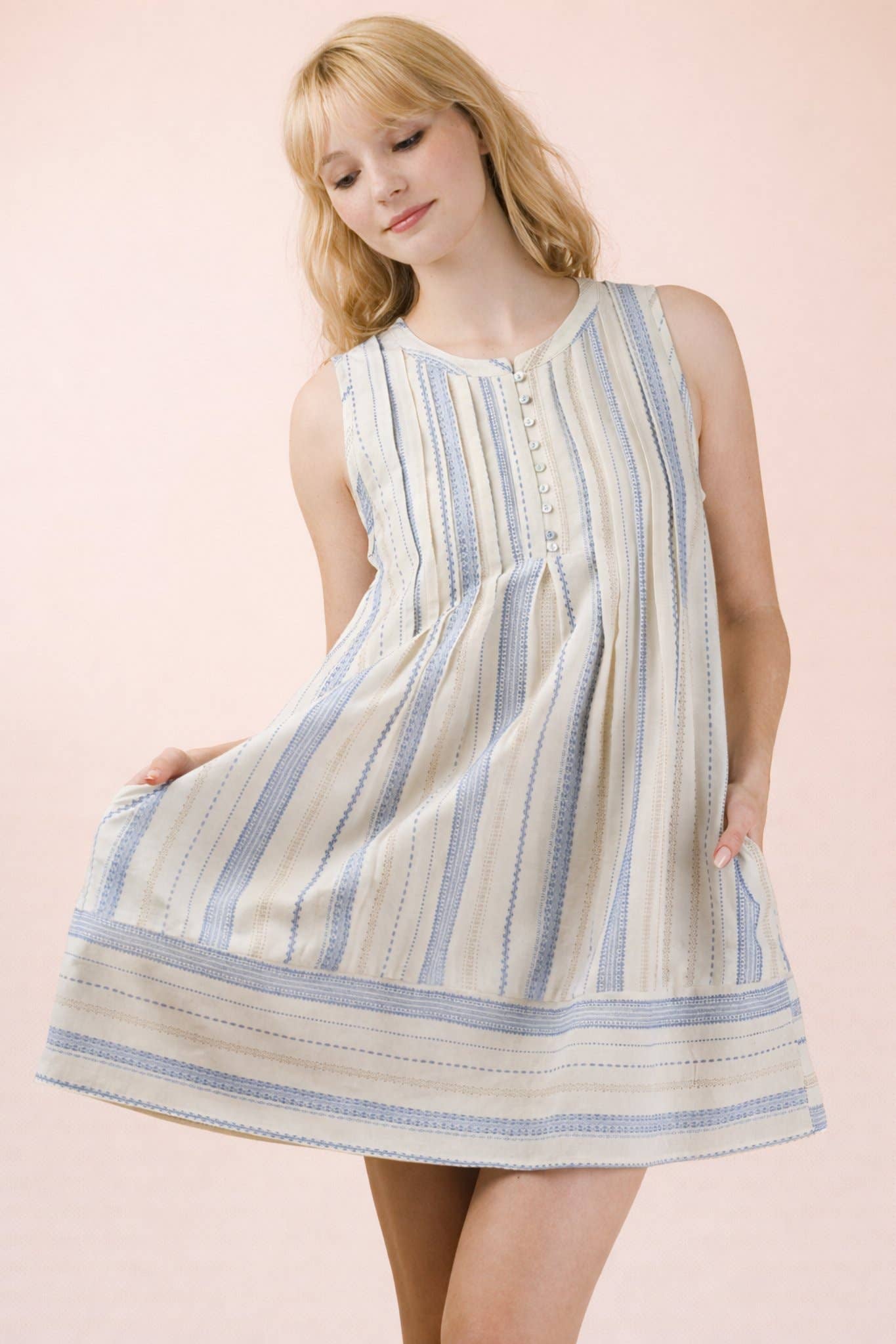 VERY J Striped Pintuck Detail Woven Mini Dress