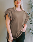 Plus Size Eyelet Round Neck Short Sleeve Blouse