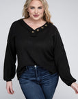 Brushed Waffle V-Neck Button Detail Sweater (Various colors), Zenana, Plus Only