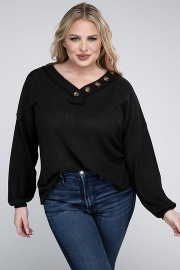 Brushed Waffle V-Neck Button Detail Sweater (Various colors), Zenana, Plus Only