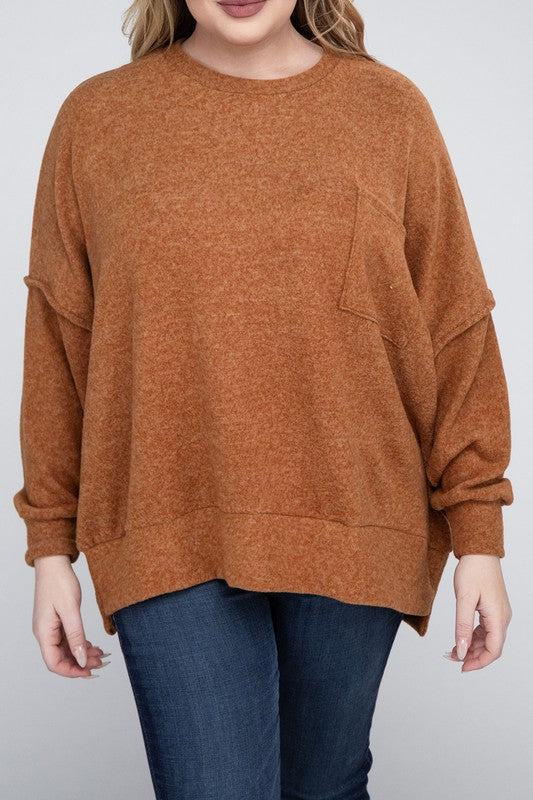 Brushed Melange Drop Shoulder Sweater, Various Colors, Zenana (Plus only)