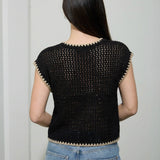 Moon River - CONTRAST STITCH CROCHET KNIT SHORT SLEEVE CARDIGAN