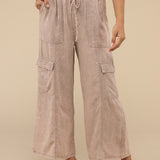 Washed Linen Elastic Band Waist Cargo Pants, Zenana (various colors)