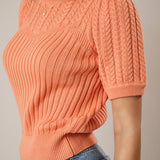 Sunday Edition by LE LIS - ROUND NECK PUFF SHORT SLEEVE CABLE SWEATER