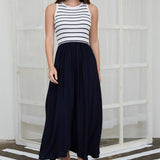Moon River - STRIPE TANK SLEEVELESS MIXED MEDIA MIDI DRESS : IVORY