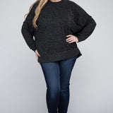 Brushed Melange Drop Shoulder Sweater, Various Colors, Zenana (Plus only)