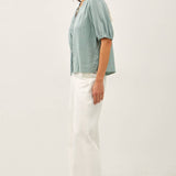 Be Cool - LINEN BLENDED RUFFLE TRIM FRONT TIE BLOUSE