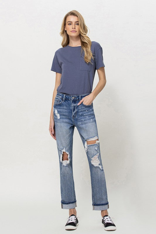 STRETCH BOYFRIEND JEANS W PAINT SPATTER DETAIL, Flying Monkey