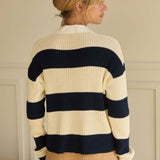 SKIES ARE BLUE - Striped Ribbed Knit Polo Shirt