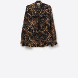 Q2 Black chiffon shirt with abstract print and knotted bow