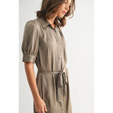 FUN2FUN - SATIN PLEATS DETAIL TIE WAIST SHIRT DRESS