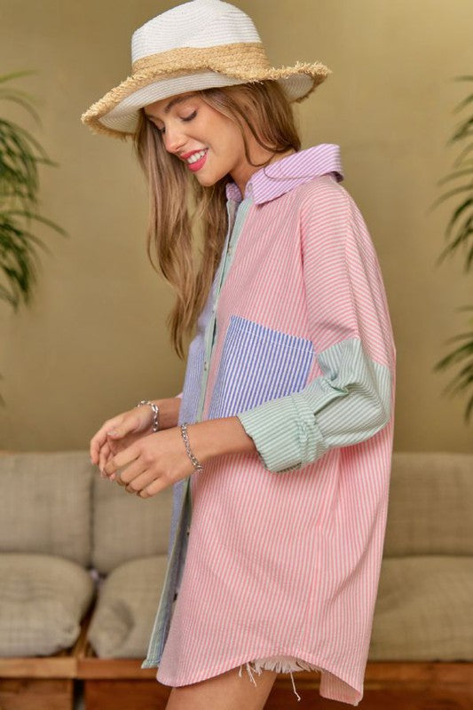 OVERSIZED MULTI COLOR STRIPE BUTTON DOWN, Davi & Dani