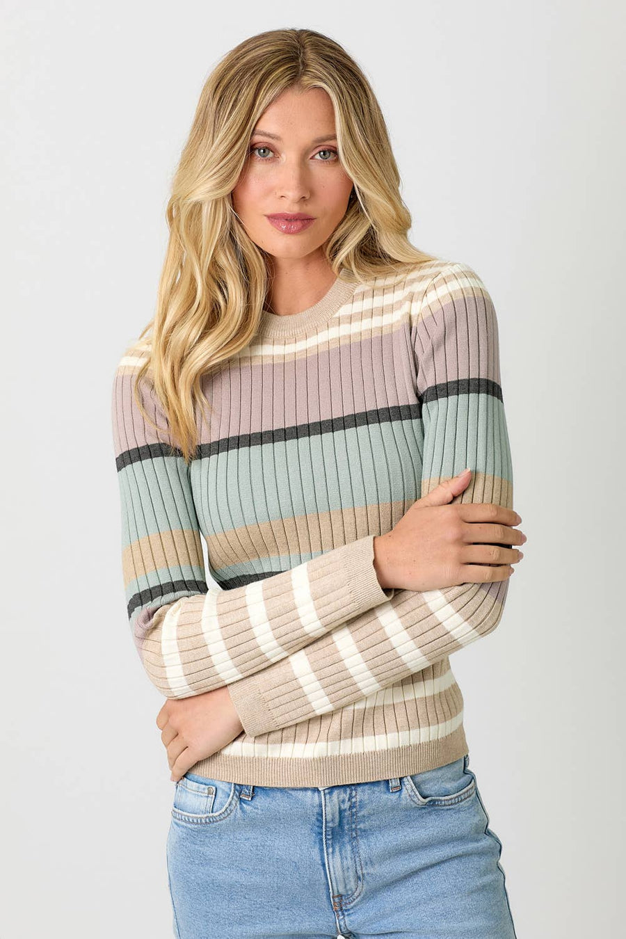 Mystree Color Block Striped Sweater Top