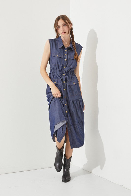 PLUS SLEEVELESS BUTTON DOWN COLLARED DENIM DRESS, Jade by Jane