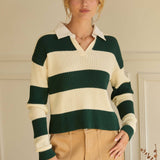 SKIES ARE BLUE - Striped Ribbed Knit Polo Shirt