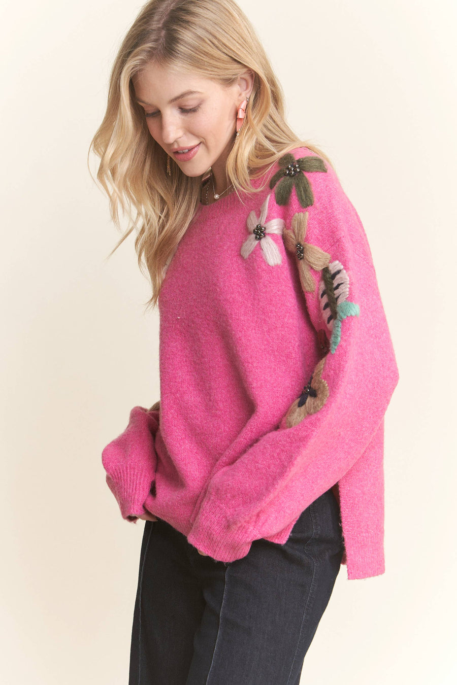 ADORA LA - FLORAL EMBROIDERED SWEATER TOP