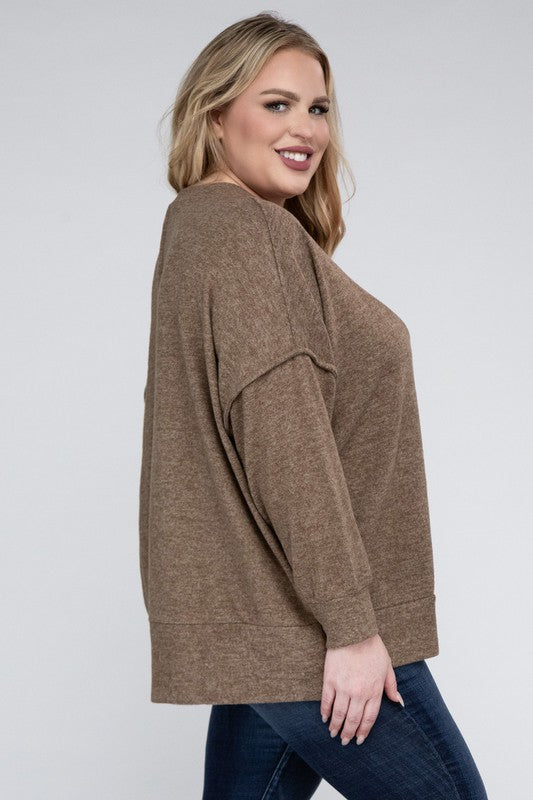 Brushed Melange Drop Shoulder Sweater, Various Colors, Zenana (Plus only)