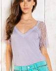 Pol Clothing - 1/2 lace sleeve v-neck tee