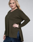 V-Neck Side Slit Hi-Low Hem Top, Various Colors, Zenana (Plus Only)