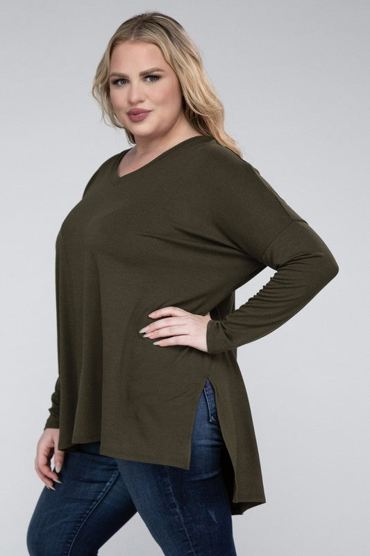 V-Neck Side Slit Hi-Low Hem Top, Various Colors, Zenana (Plus Only)