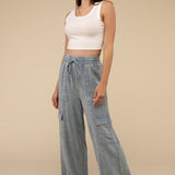 Washed Linen Elastic Band Waist Cargo Pants, Zenana (various colors)