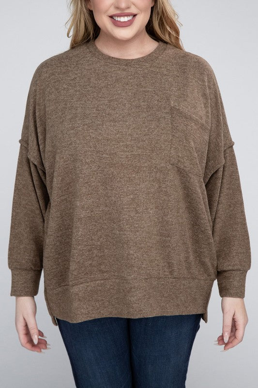 Brushed Melange Drop Shoulder Sweater, Various Colors, Zenana (Plus only)