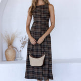 STORIA - BROWN & BLACK PLAID BUTTON-FRONT MIDI DRESS