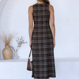 STORIA - BROWN & BLACK PLAID BUTTON-FRONT MIDI DRESS