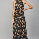 Rose Print Ruched Halter Neckline Dress, FATE