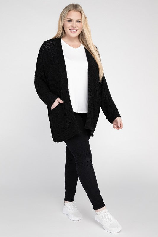 Ribbed Knit Open Front Cardigan (Various Colors), eesome (Plus Only)